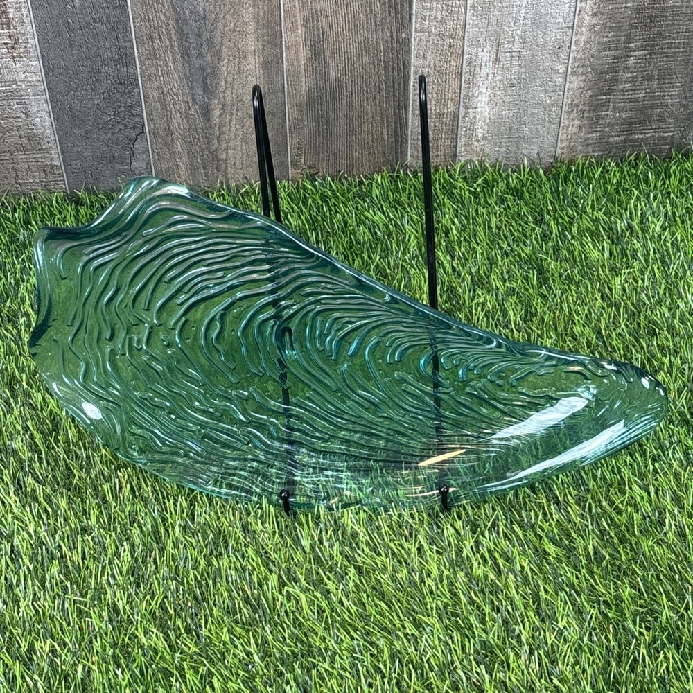 Vintage Aquamarine Blue Green Art Glass Bowl Wavy‎ Textured Abstract Dish